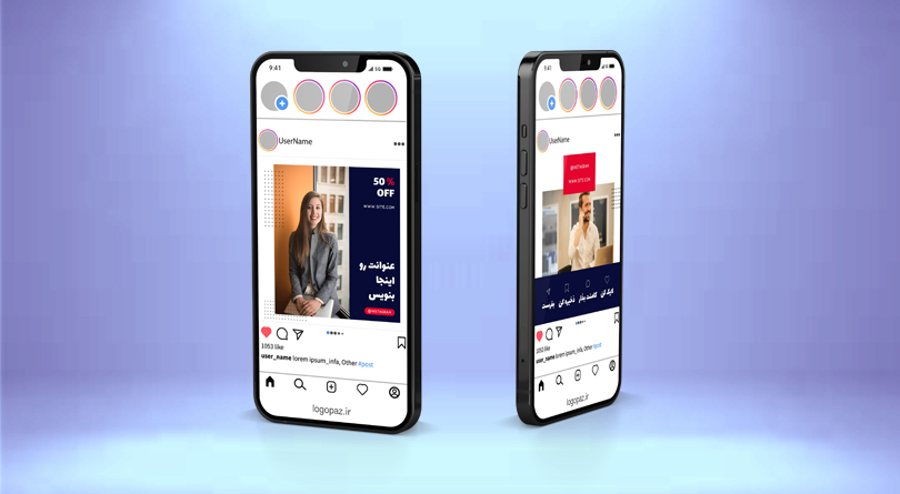 کاور پست و استوری اینستاگرام لوگو بیزینس خانم مدیر قرمز آبی سرخ سرخابی جذاب بلاگر گوشی متن موکاپ بک گراند عنوان پیج قالب